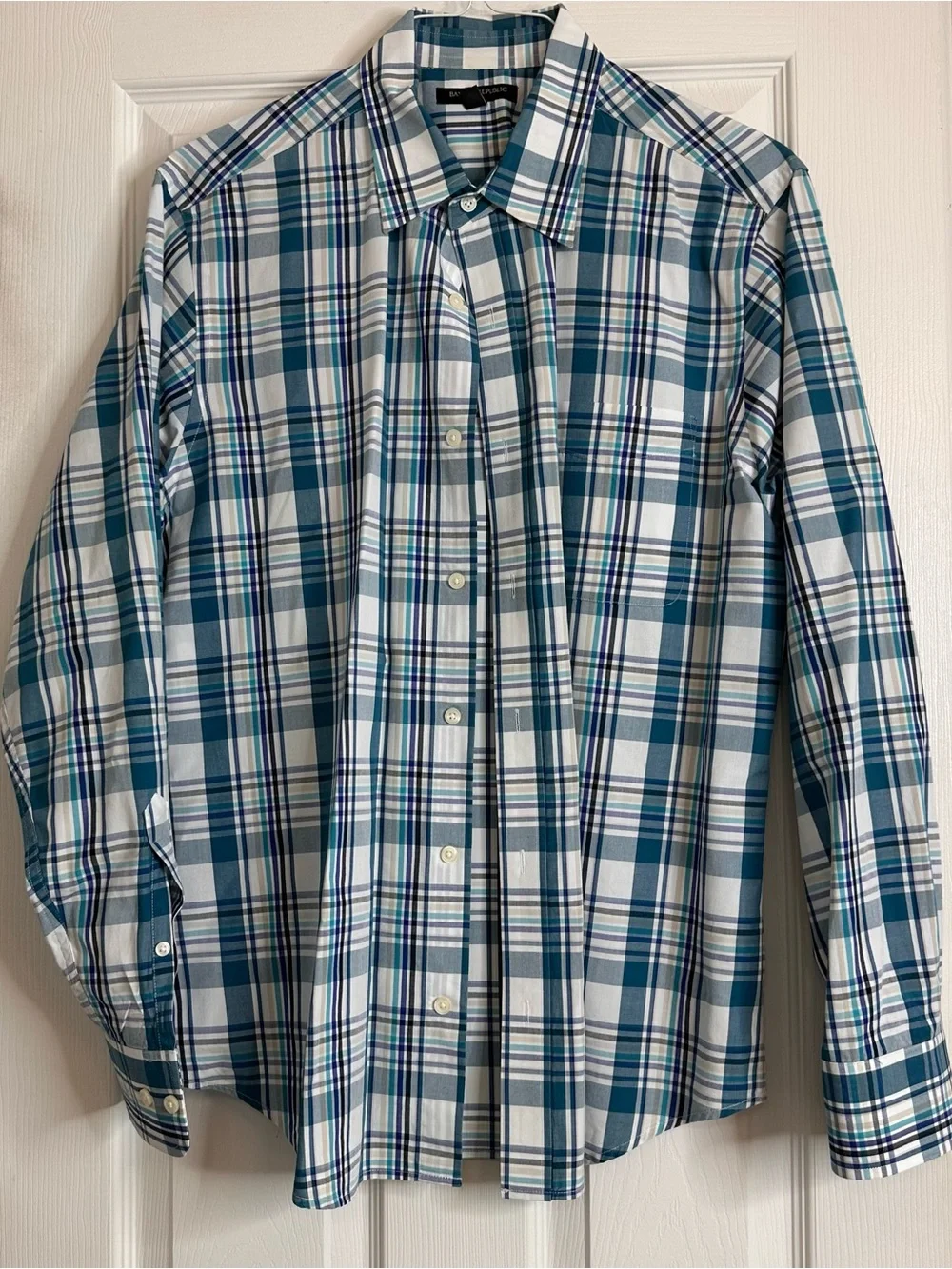 Banana Republic Teal and White Plaid Button-Down Shirt Men's Size Large